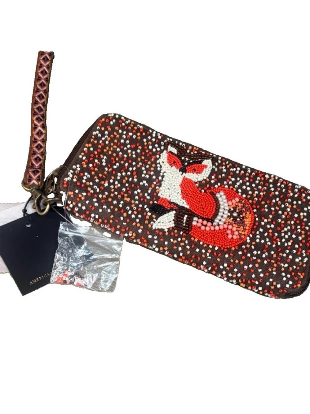 America & Beyond Fantastic Fox Beaded Wristlet Wallet Hand Beaded Boho NWT